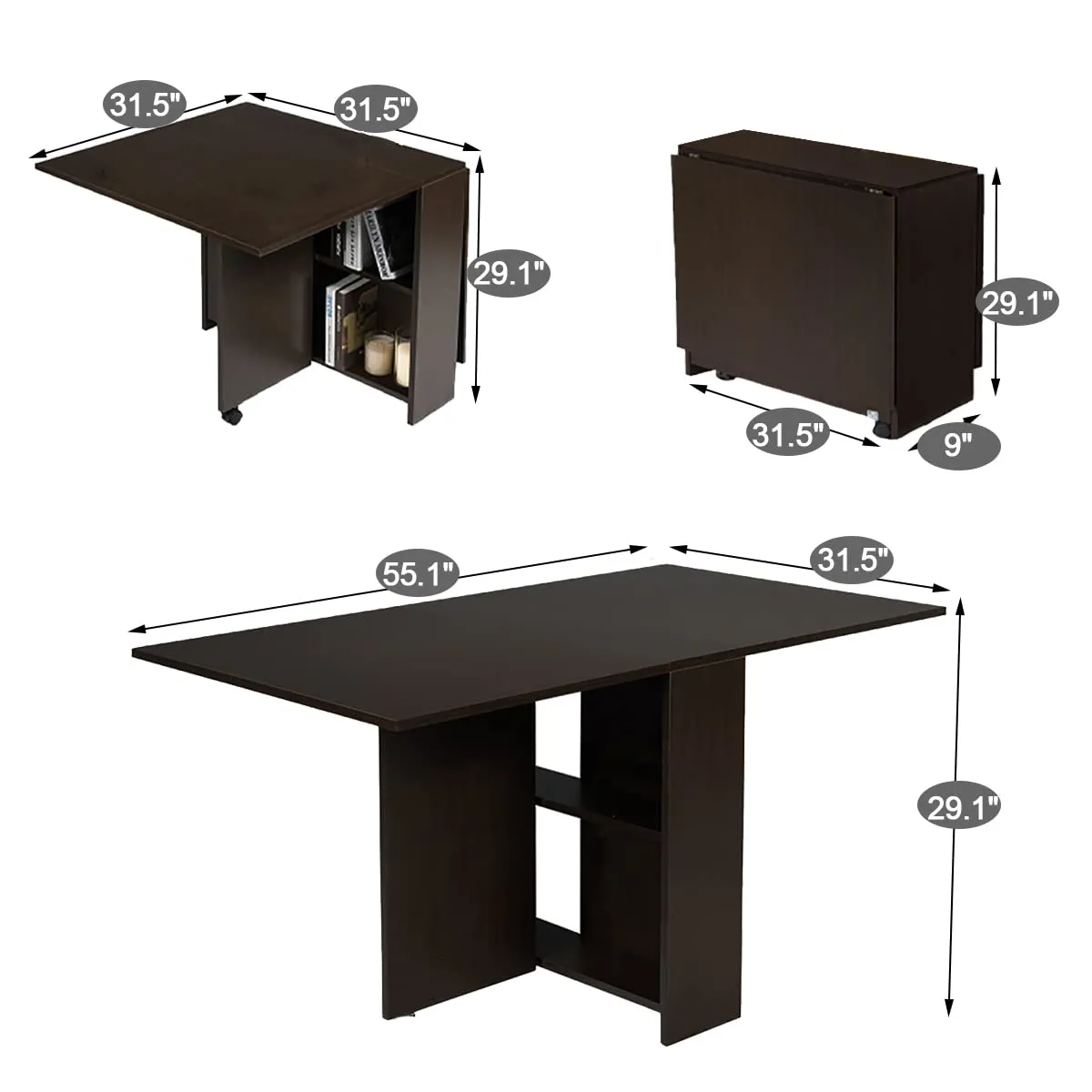 Folding Dining Table Drop Leaf for Small Spaces, Black Oak Finish, Multifunctional with Storage Racks - Image 2