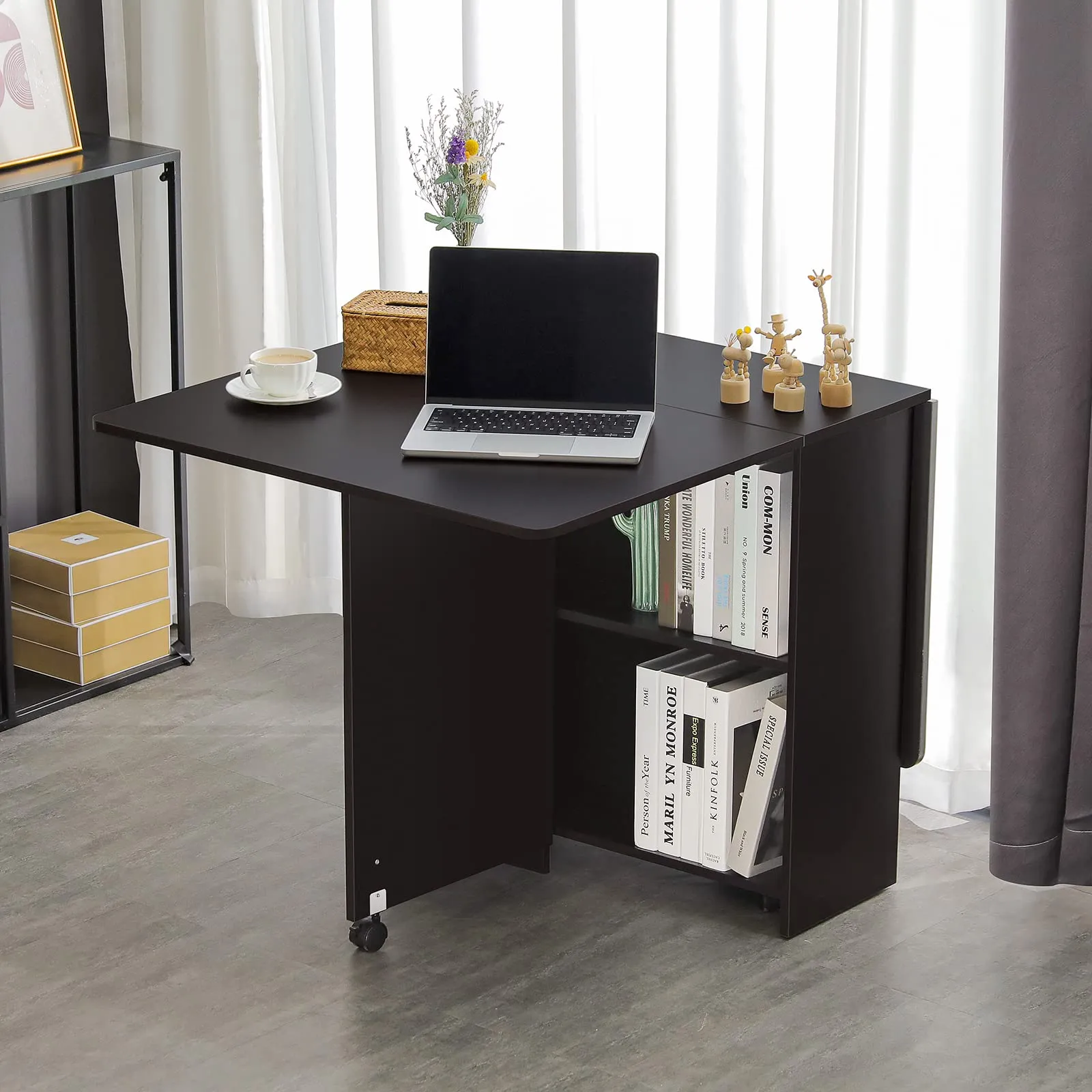 Folding Dining Table Drop Leaf for Small Spaces, Black Oak Finish, Multifunctional with Storage Racks - Image 3
