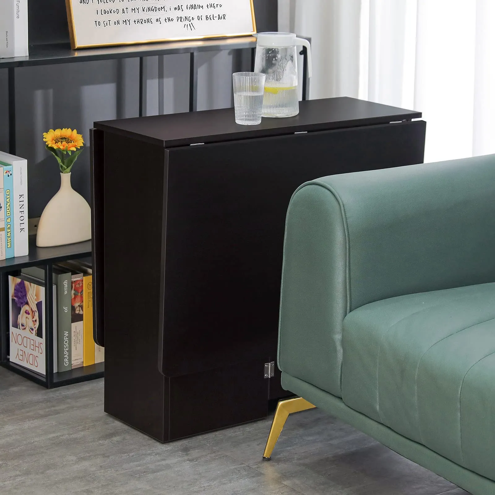 Folding Dining Table Drop Leaf for Small Spaces, Black Oak Finish, Multifunctional with Storage Racks - Image 4