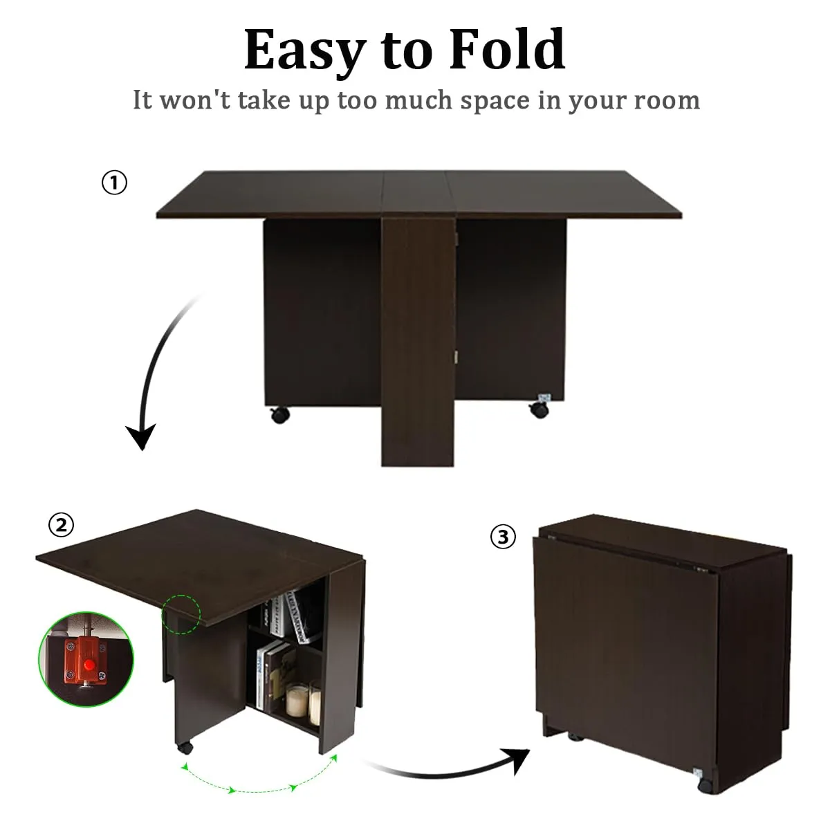 Folding Dining Table Drop Leaf for Small Spaces, Black Oak Finish, Multifunctional with Storage Racks - Image 5