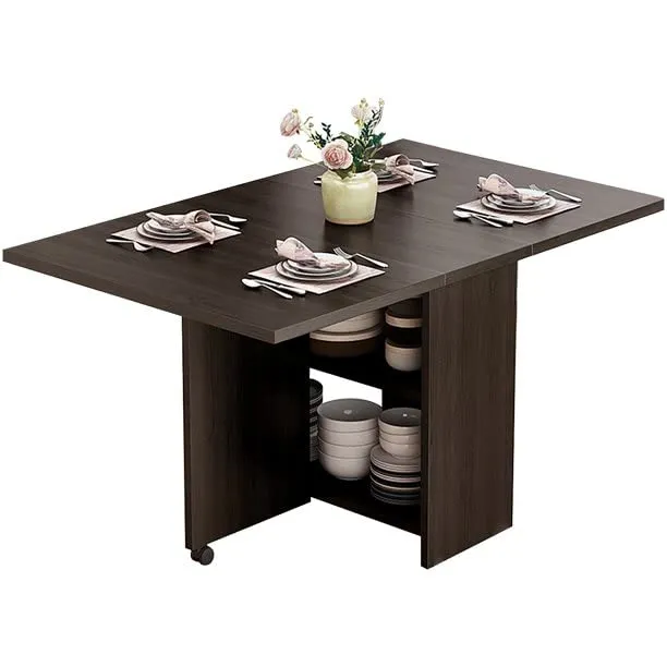 Folding Dining Table Drop Leaf for Small Spaces, Black Oak Finish, Multifunctional with Storage Racks - Image 7