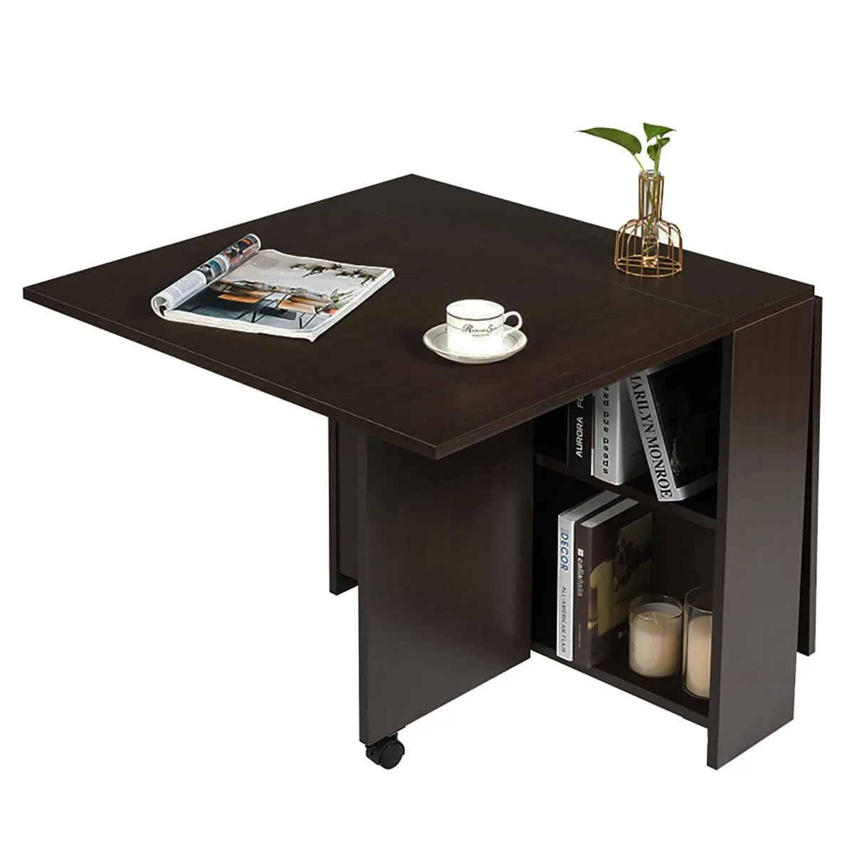 Folding Dining Table Drop Leaf for Small Spaces, Black Oak Finish, Multifunctional with Storage Racks - Image 8