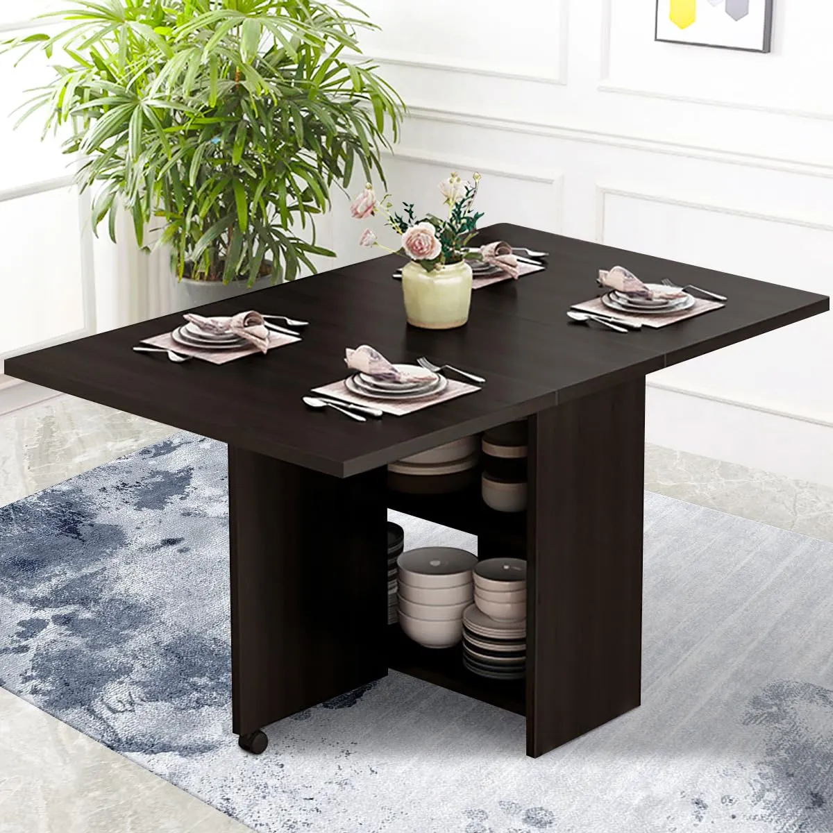Folding Dining Table Drop Leaf for Small Spaces, Black Oak Finish, Multifunctional with Storage Racks - Image 9