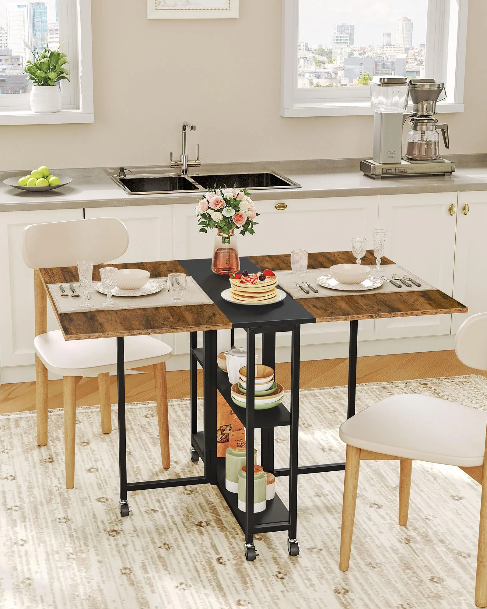 Folding Dining Table with 6 Wheels & 2-Tier Shelf - Versatile, Space-Saving, Rustic Brown Design - Image 2