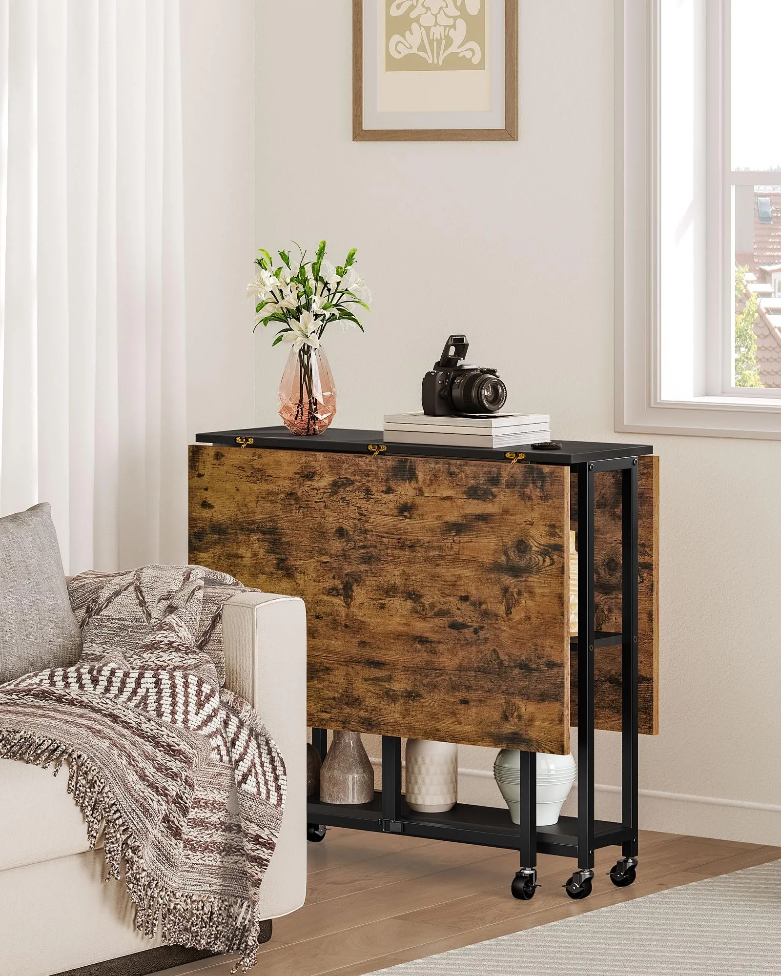 Folding Dining Table with 6 Wheels & 2-Tier Shelf - Versatile, Space-Saving, Rustic Brown Design - Image 3