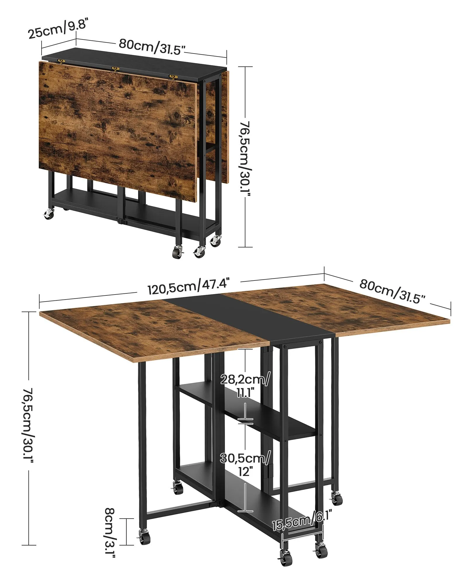 Folding Dining Table with 6 Wheels & 2-Tier Shelf - Versatile, Space-Saving, Rustic Brown Design - Image 4